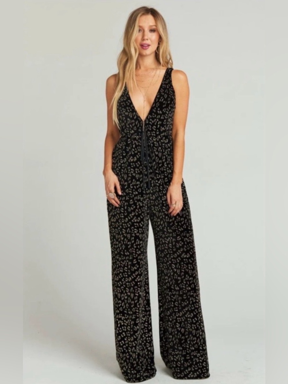 Deep V Black Printed Wide-Leg Jumpsuit